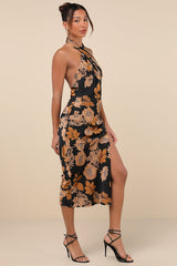 Beyond Classy Black Floral Satin Halter Midi Dress