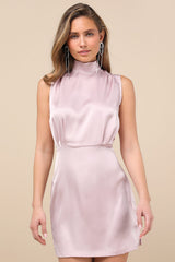 Classic Elegance Blush Satin Sleeveless Mock Neck Mini Dress