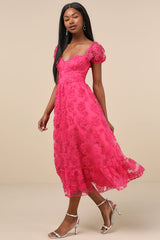 Notable Elegance Fuchsia Mesh Floral Applique Bustier Midi Dress