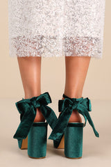 Sassyy Emerald Velvet Bow Platform Ankle Strap Sandals