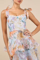 Playfully Posh Blue Floral Organza Tie-Strap Tiered Midi Dress