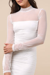 Impressive Flirt White Mesh Ruched Mock Neck Midi Dress