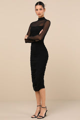 Impressive Flirt Black Mesh Ruched Mock Neck Midi Dress