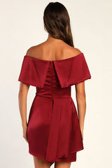 Always Celebrating Burgundy Satin Off-the-Shoulder Mini Dress