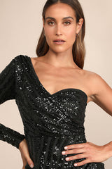 Elegant Occasion Black Sequin One-Shoulder Midi Dress