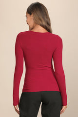 Flirty Little Secret Wine Red Ribbed Cutout Long Sleeve Top