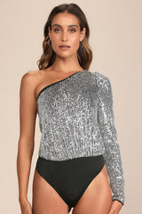 Dancing Diva Black and Silver Sequin One-Shoulder Bodysuit