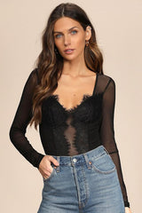 Stay Sultry Black Mesh Lace Long Sleeve Bodysuit