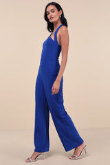 Flirty Outing Royal Blue Asymmetrical Halter Jumpsuit