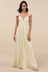 Soiree Celebration Light Yellow Ruffled Lace-Up Maxi Dress