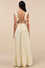 Soiree Celebration Light Yellow Ruffled Lace-Up Maxi Dress