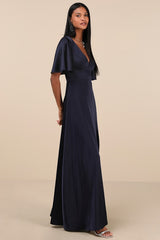 Elegant Confidence Navy Satin Flutter Sleeve Cutout Maxi Dress