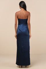 Memorable Entrance Dark Blue Strapless Satin Maxi Dress