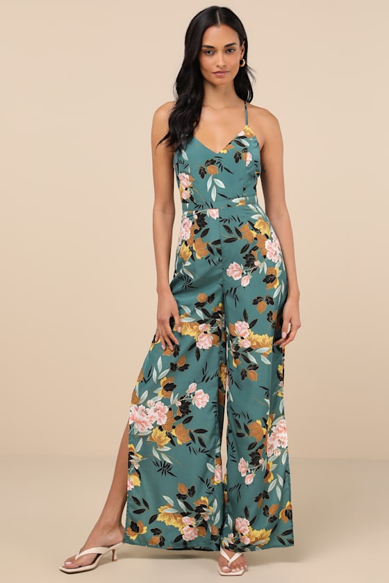 Beautiful Blooms Teal Green Floral Print Wide-Leg Jumpsuit