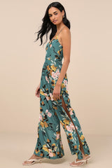 Beautiful Blooms Teal Green Floral Print Wide-Leg Jumpsuit