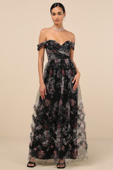 Ideal Beauty Black Floral Mesh Off-the-Shoulder Maxi Dress