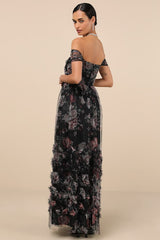 Ideal Beauty Black Floral Mesh Off-the-Shoulder Maxi Dress