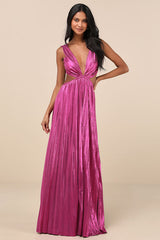 Shining Luxury Magenta Metallic Lurex Cutout Maxi Dress