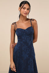 Loveliest Looks Navy Blue Floral Jacquard Tie-Strap Midi Dress