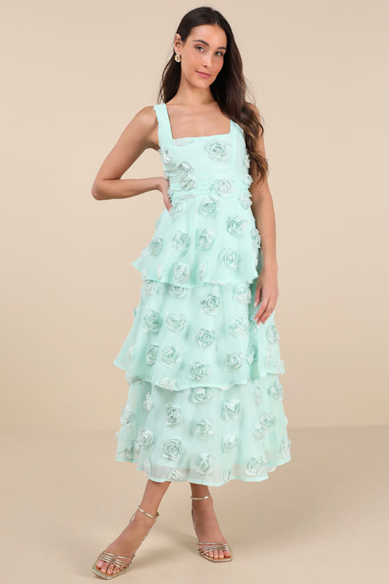 Exceptional Entrance Mint Sleeveless Tiered Rosette Midi Dress