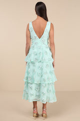 Exceptional Entrance Mint Sleeveless Tiered Rosette Midi Dress