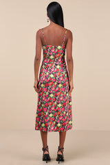 Favorite Icon Black Multi Floral Satin Cowl Neck Slip Midi Dress