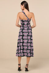 Outstanding Mood Black Floral Slinky Knit One-Shoulder Dress