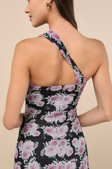 Outstanding Mood Black Floral Slinky Knit One-Shoulder Dress