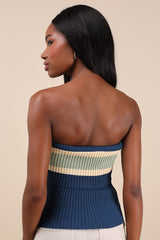 Sunny Signs Navy Striped Ribbed Knit Strapless Top