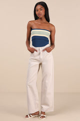 Sunny Signs Navy Striped Ribbed Knit Strapless Top