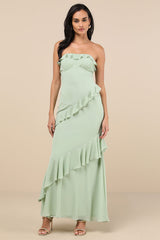 Dramatic Allure Sage Green Ruffled Cutout Strapless Maxi Dress