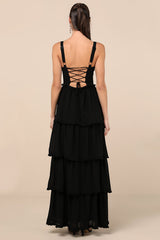 Sophisticated Occasion Black Bustier Lace-Up Maxi Dress