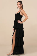 Sophisticated Occasion Black Bustier Lace-Up Maxi Dress