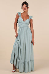 Soiree Celebration Light Blue Floral Ruffled Lace-Up Maxi Dress