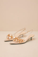 SB-Robin Gold Vinyl Floral Applique Slingback Kitten Heel Pumps