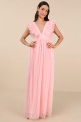 Simply Delighted Pink Mesh Ruffled Backless Maxi Dress