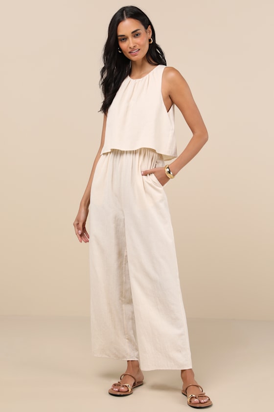 Breezy Sophistication Beige Textured Wide-Leg Jumpsuit