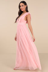 Simply Delighted Pink Mesh Ruffled Backless Maxi Dress