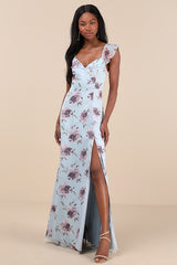 Sweetest Entrance Light Blue Floral Ruffled Tie-Back Maxi Dress