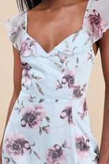 Sweetest Entrance Light Blue Floral Ruffled Tie-Back Maxi Dress