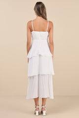 Cascading Crush White Tiered Bustier Midi Dress