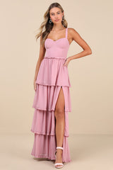 Sophisticated Occasion Pink Bustier Lace-Up Maxi Dress