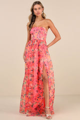 Wonderful Waltz Coral Floral Print Strapless Bustier Maxi Dress