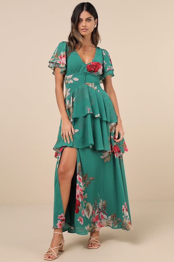 Midnight Mood Teal Green Floral Print Tiered Maxi Dress