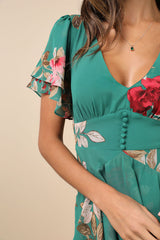 Midnight Mood Teal Green Floral Print Tiered Maxi Dress