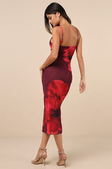 Jaela Burgundy Floral Mesh Sleeveless Bodycon Midi Dress
