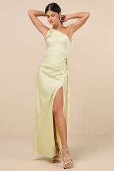Signature Elegance Pale Yellow Satin One-Shoulder Maxi Dress