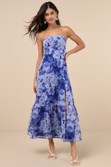Bright Perspective Blue and Lavender Floral Strapless Midi Dress
