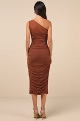 Kiden Brown Mesh Ruched One-Shoulder Midi Dress