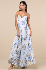 Oh-So Romantic Pale Blue Floral Print Sleeveless Wrap Maxi Dress